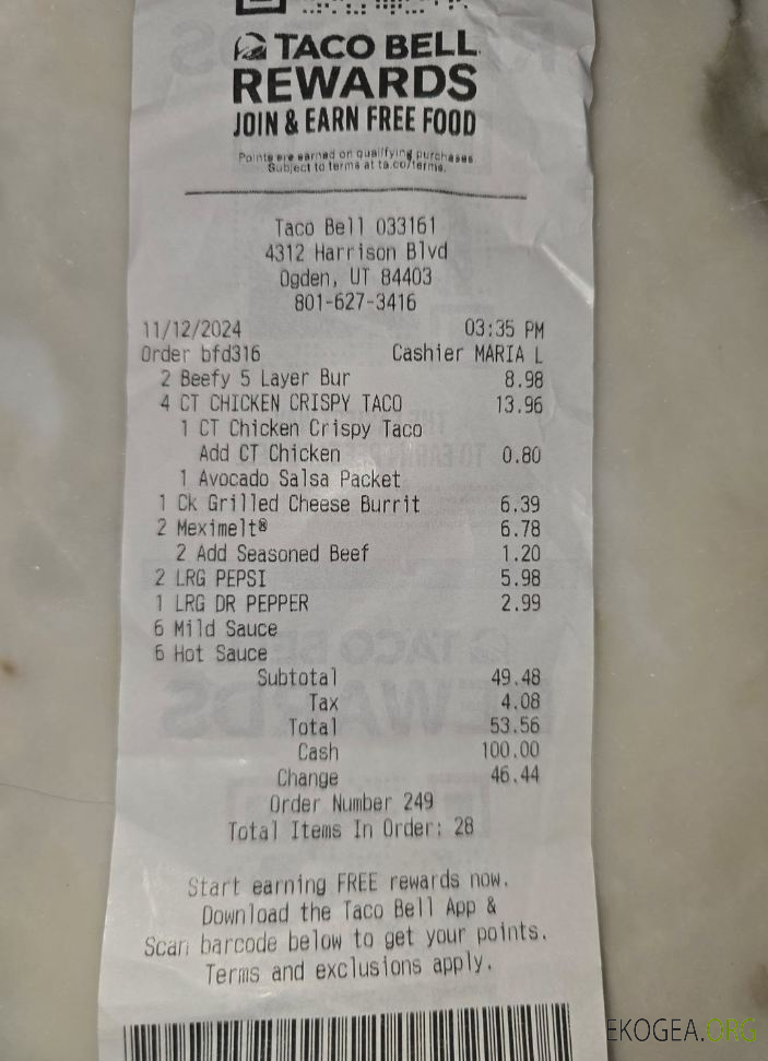 Reçu de paiement Taco Bell Rewards